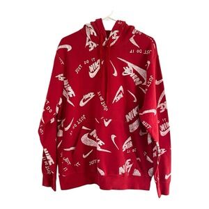 Nike Sportswear Just Do It AllOver Print Hoodie Embroidered Swoosh Logo Red Sz L